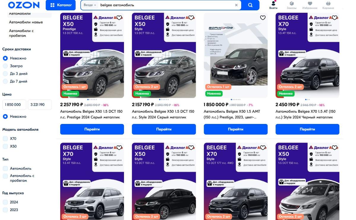 Не только Wildberries. Автомобили Belgee начали продавать еще и на OZON